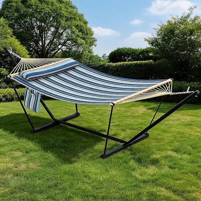 2-Person Hammock with Stand for Outside - Portable Heavy Duty Outdoor Double Hammock - Adjustable Steel Frame, 500 LBS Capacity, for Patio Garden Backyard & Beach