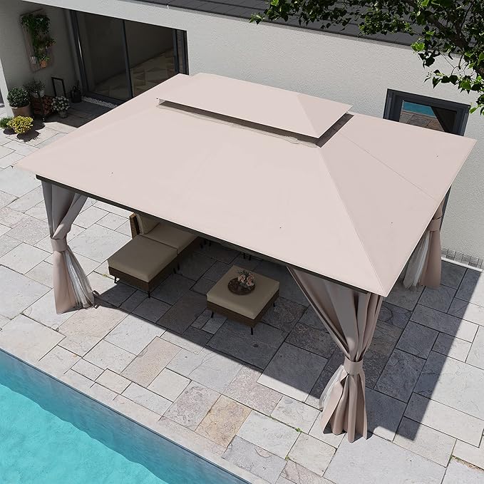 LAUSAINT HOME 10'x13' Outdoor Gazebo, Upgraded Metal Frame Heavy Duty Patio Canopy Tent Shelter with Double Roofs, Mosquito Nettings and Privacy Screens for Backyard, Garden, Lawn, Khaki