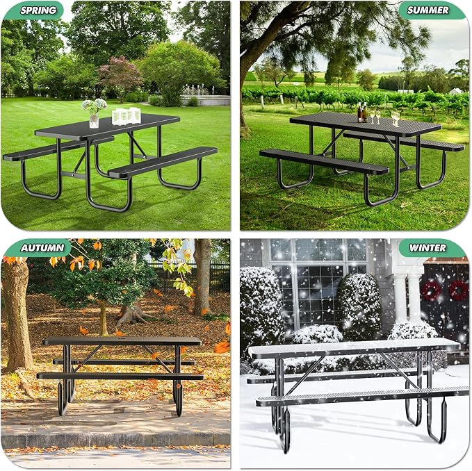 6FT Rectangular Outdoor Picnic Table and 2 Benches Set with Umbrella Hole, Metal Expanded Commercial Steel Heavy Duty Sturdy Picnic Tables Furniture Set for Yard Patio Lawn Party Coffee, Black