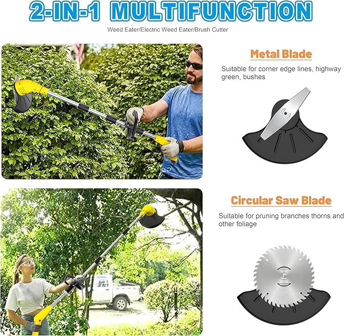 Aokia Electric Weed Wacker Cordless, 12V Battery Powered Weed Eater Cordless with Adjustable Pole (65inch), Lightweight Grass Trimmer Cutter/Edger/Mower with 2 Types Blade for Garden, Yard Lawn Work