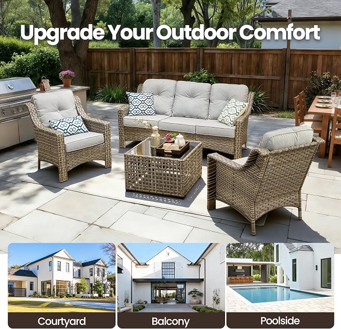 4 Piece Outdoor Patio Furniture Set, All Weather Waterproof Wicker High Back Conversation Set, Two Single Chairs, Solar Light Coffee Table, Outside Furniture for Porch Balcony, Light Grey