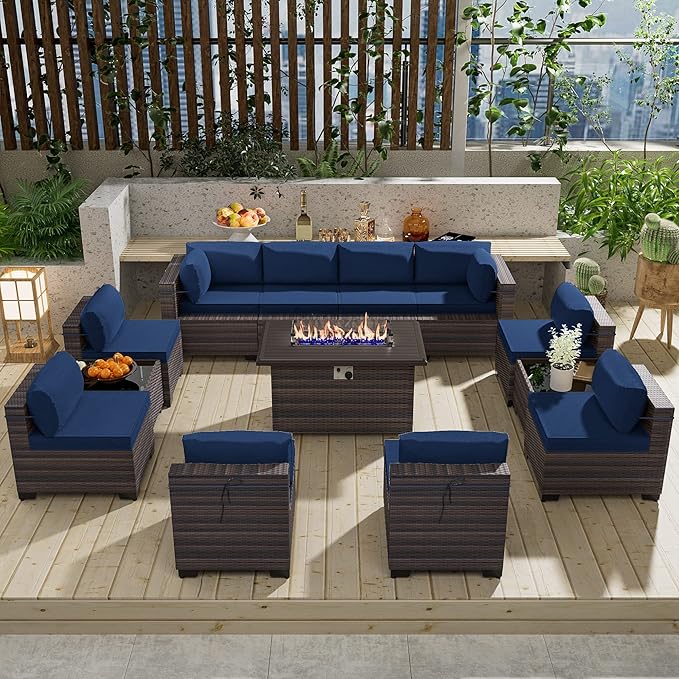 13 Pieces Outdoor Patio Furniture Set,Outdoor Sectional Furniture with 43" 55000 BTU Gas Propane Fire Pit Table,PE Rattan Wicker Patio Conversation Set with 10 Thickened Cushions,Navy Blue