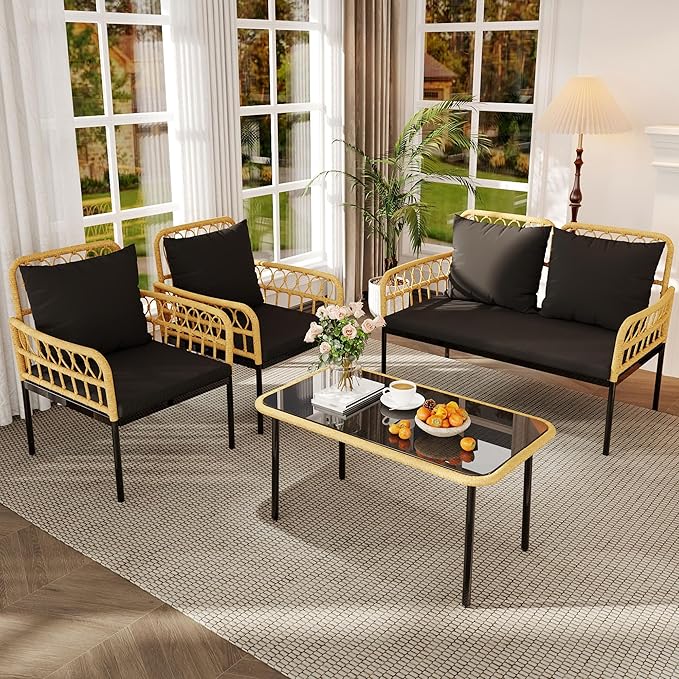 GarveeLife 4 Pieces Patio Furniture Sets Wicker Outdoor Patio Table and Chairs Set with Glass Side Table, Loveseat Chairs, Boho Rattan Conversation Sets for Apartment, Bistro, Backyard, Porch, Black