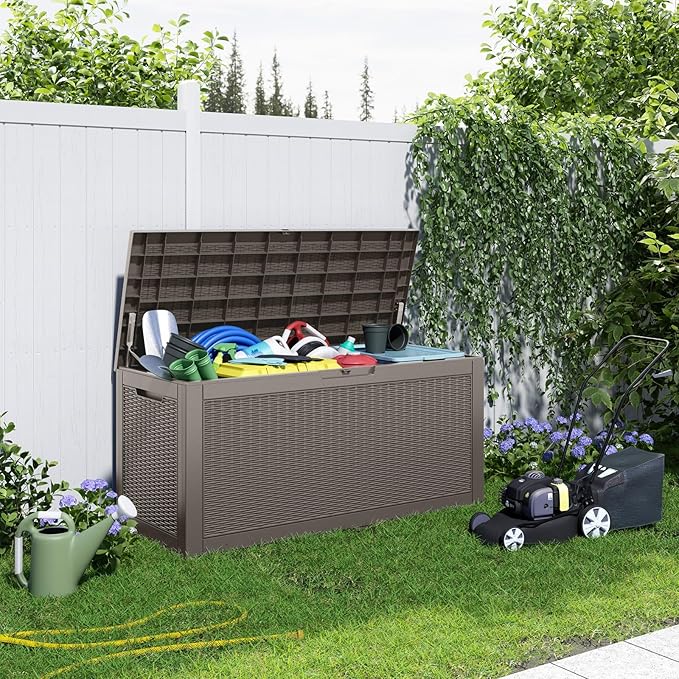 DRATO 120 Gallon Deck Boxes Outdoor Waterproof, Resin Large Lockable Storage Box with Lid, Outdoor Storage Bench Patio Cushions Furniture, Garden Tools, Pool Accessories (Grey, 120 Gallon)