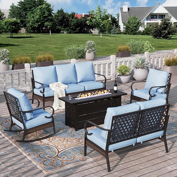 HERA'S HOUSE 5 Piece Metal Patio Furniture Set with 56" Fire Pit Table, All Weather Outdoor Conversation Set, 3 Seat Sofa with Loveseat, 2 Rocking Chairs, Seats 7 for Backyard, Garden, Deck, Blue
