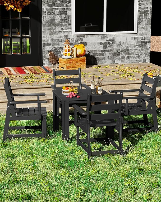 GREENVINES 5-Piece-Outdoor-Dining-Set | HDPE | Square | Patio Furniture | Table and Chairs Sets for 4 | All Weather | Removable Armrests | Umbrella Hole | for Backyard Poolside Garden | Black