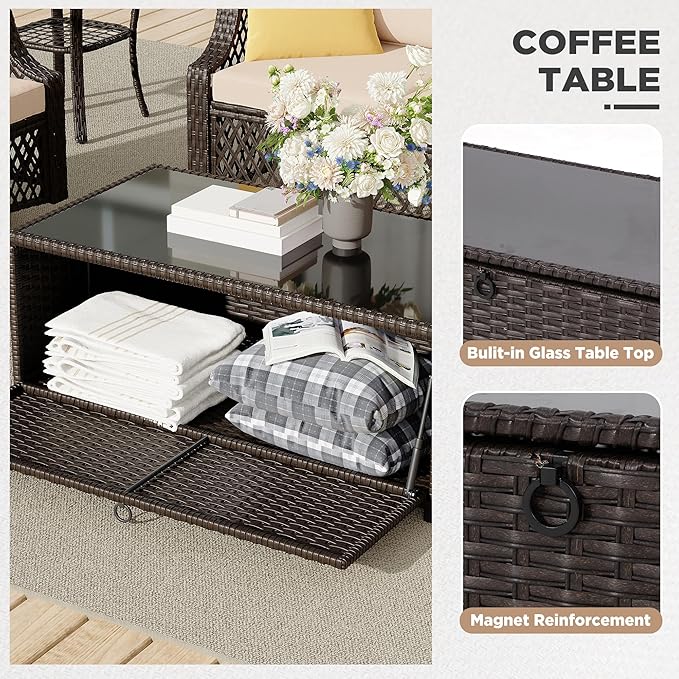HOMREST 8 Piece Patio Furniture Set, Wicker Outdoor Conversation Set with Swivel Chairs, 2 Ottomans, Storage Coffee Table, Rattan Outdoor Sectional Sofa for Deck Backyard Porch （9 Seats, Khaki