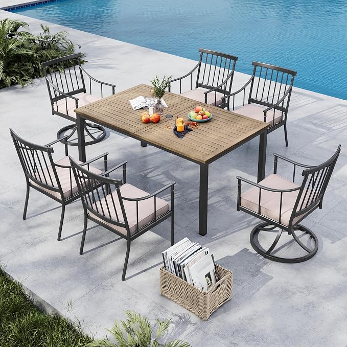 MFSTUDIO 7-Piece Patio Dining Set, Swivel Metal Chairs, Umbrella Hole | 64" Rectangular Wood-Look Metal Table, Removable Cushions