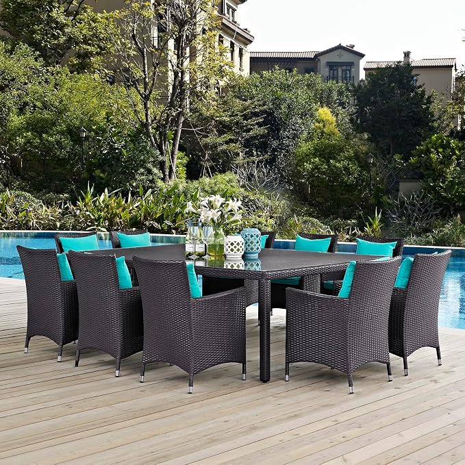 Convene 11 Piece Outdoor Patio Dining Set with Turquoise Cushions and Wicker Armchairs