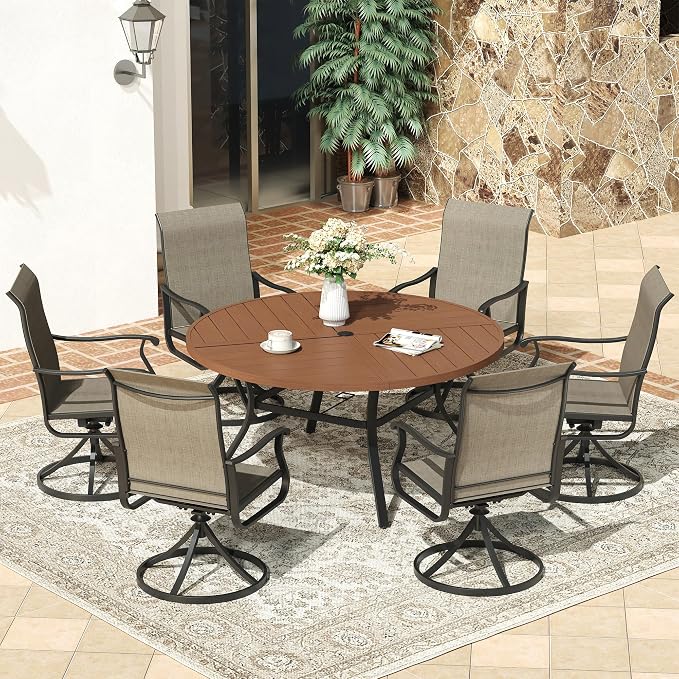 VICLLAX 50" Round Patio Dining Table for 6, All Weather Metal Outdoor Table with 1.57" Umbrella Hole and Surdy Frame for Garden Lawn Deck, Walnut