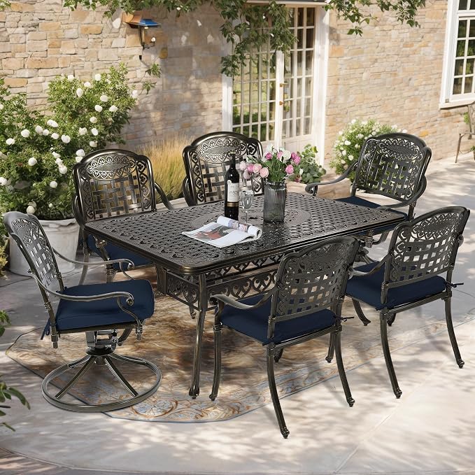 7-Piece Outdoor Patio Dining Set, 60” Rectangular Cast Aluminum Dining Table with Umbrella Hole and 4 Stationary, 2 Swivel Rocker Chairs, 6 Cushioned, Backyard, Patio, Garden, Navy