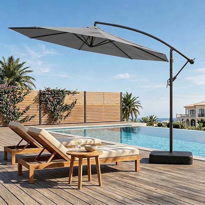 10ft Cantilever Offset Patio Umbrella with Base, Large Outdoor Patio Umbrella, 360° Rotation & Easy Tilt Adjustment, UV Protection Waterproof Patio Umbrellas for Backyard, Garden, Patio, Deck, Pool