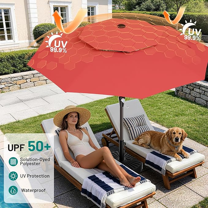 AreShark 10ft 2 Tiers Patio Umbrella - Outdoor Umbrella Waterproof UV Protection, Market Table Umbrella w/Push Button Tilt&Crank for Pool, Porch, Garden(Red)