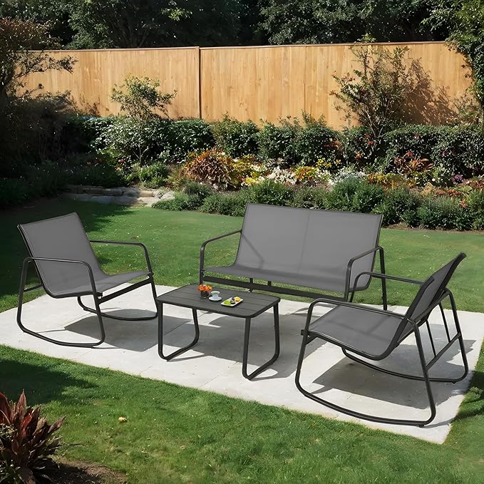 GEONKAI 4 Piece Patio Furniture Set, Olefin Loveseat Outdoor Furniture with 2 Rocking Chairs, Patio Conversation Set with Coffee Table, Breathable & Comfortable for Garden, Poolside, Balcony (Grey)