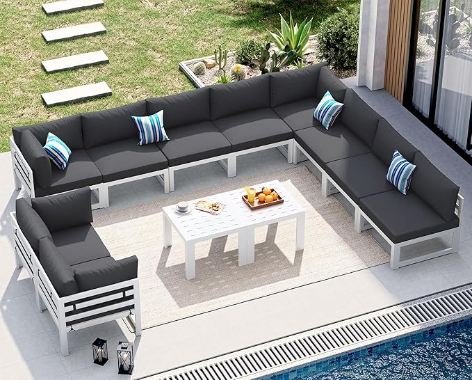 NICESOUL 12 Piece Oversized Modular Aluminum Outdoor Furniture Set with Side Table, 29" Deep and Wide Sectional Seating, 500 lbs High Weight Capacity Patio Conversation Set for Poolside, Dark Gray