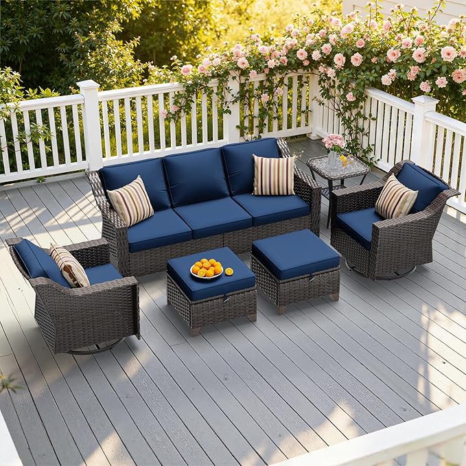 6 Pieces Patio Conversation Furniture Set - 1 Sofa, 2 Swivel Chairs, 2 Ottomans, 1 Side Table, Outdoor Wicker Furniture with Removable Cushions for Porch, Balcony, Sunroom (Blue)