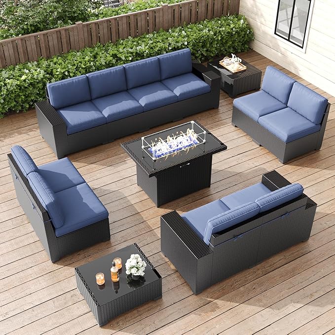 LayinSun 13 Pieces Patio Furniture Set with Fire Pit Table, Black Rattan Modular Sectional Patio Conversation Sofa Set