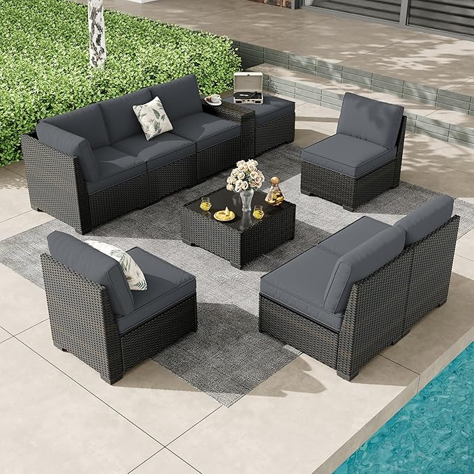 8 Pieces Patio Furniture Set, Outdoor Couch Sofa with Wider Armrests & Glass Coffee Table, Outdoor Sectional Furniture with Thick Cushions for Party, Poolside,Garden-Gray