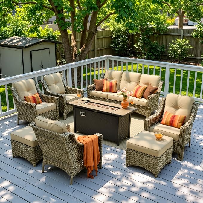 8 Piece Patio Furniture Set with Fire Pit Table, All Weather Wicker High Back Sofa Chairs Ottoman with Thick Cushion, Outdoor Conversation Sets for Large Backyard Deck Garden, Beige
