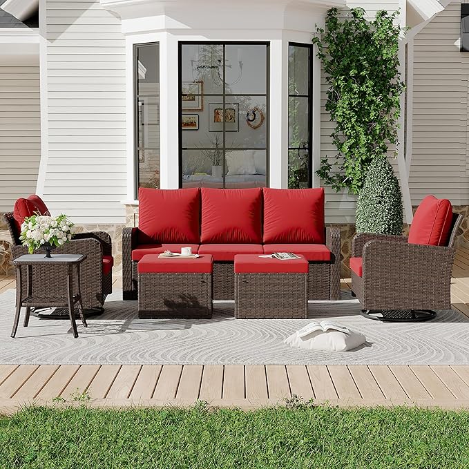 HOMREST 6 Piece Patio Conversation Sets with Sofa Couch, Rattan Wicker Swivel Chairs with 2 Ottoman, Coffee Table & Cushions, Outdoor Furniture Sets for Garden, Poolside, Backyard (Wine Red)