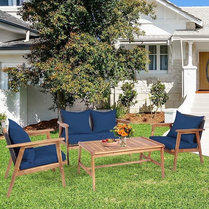 Tangkula 4-Piece Patio Furniture Set, Outdoor Acacia Wood Conversation Set with Cushions and Coffee Table, Outdoor PE Wicker Sectional Sofa Set for Garden, Poolside and Backyard (1, Navy)