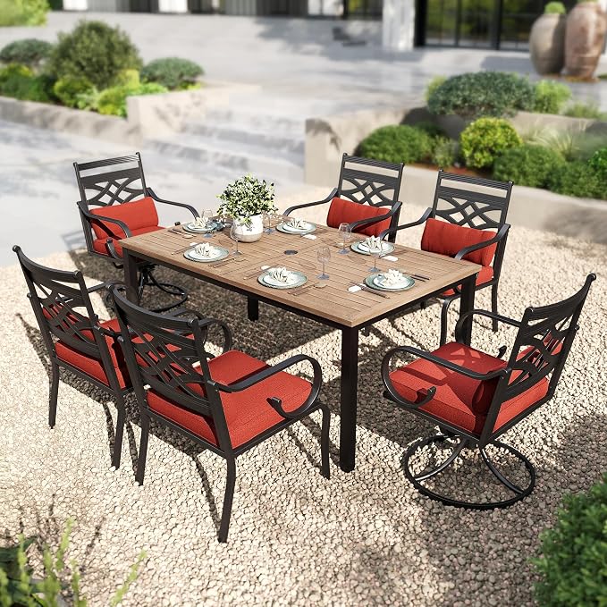 PHI VILLA Patio Dining Set, Swivel Chairs, Metal Table | Metal chairs, Red Cushion, Umbrella Hole, Cushions, E-coated