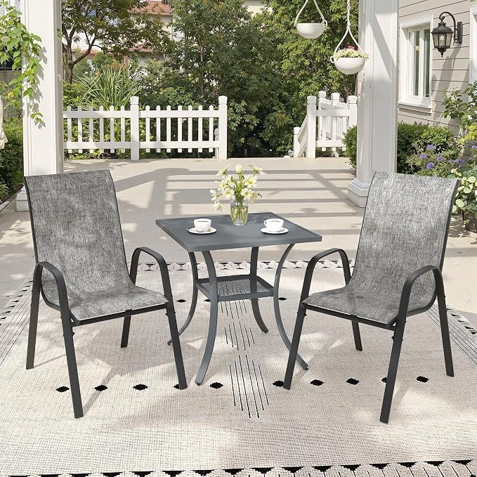 3 Pieces Outdoor Dining Set, 27.5" Square Table & Stackable Patio Dining Chairs, Patio Table and Chairs Set for Deck Garden Porch, Grey Chairs & Dark Grey Table
