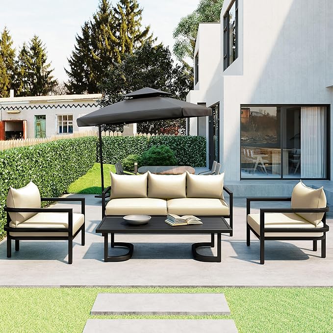 LUMISOL Aluminum Outdoor Patio Sectional Sofa Set, 4-Piece Modern Conversation Set with Coffee Table & Upgrade Cushions, 5-Seat All-Weather Outdoor Sectional Sofa for Backyard, Poolside (Beige)