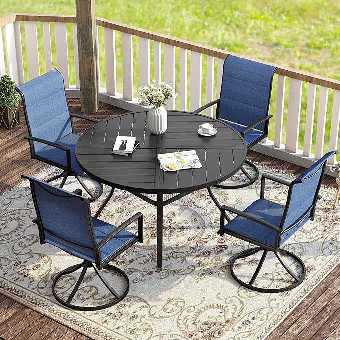 VICLLAX Patio Dining Set for 4, 4 Seats Outdoor Furniture Includes 40.7" Round Patio Table and Swivel Padded Chairs, Black Tabletop and Blue Fabric