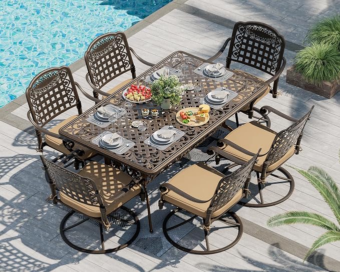 TITIMO 7-Piece Cast Aluminum Patio Dining Set, Outdoor Dining Furniture Patio Conversation Set, Rectangular Table w/Umbrella Hole for Backyard Deck Poolside (Khaki-Swivel Grid Chair, 7 Pcs)