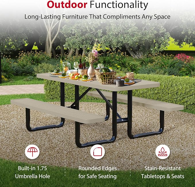 Leisure Craft Metal Picnic Table with Bench - 6 ft Rectangle Outdoor Dining Table for 6, Umbrella Hole, Weatherproof Heavy Duty Thermoplastic Coating, Commercial Grade Furniture Made in USA - Beige