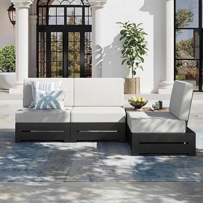 Upgraded 4 Piece Metal Patio Sectional Furniture Set with 5.9" Thick Cushion, Outdoor Furniture Conversation Set with Coffee Table, Patio Modular L Shape Sofa for Backyard Deck Outside