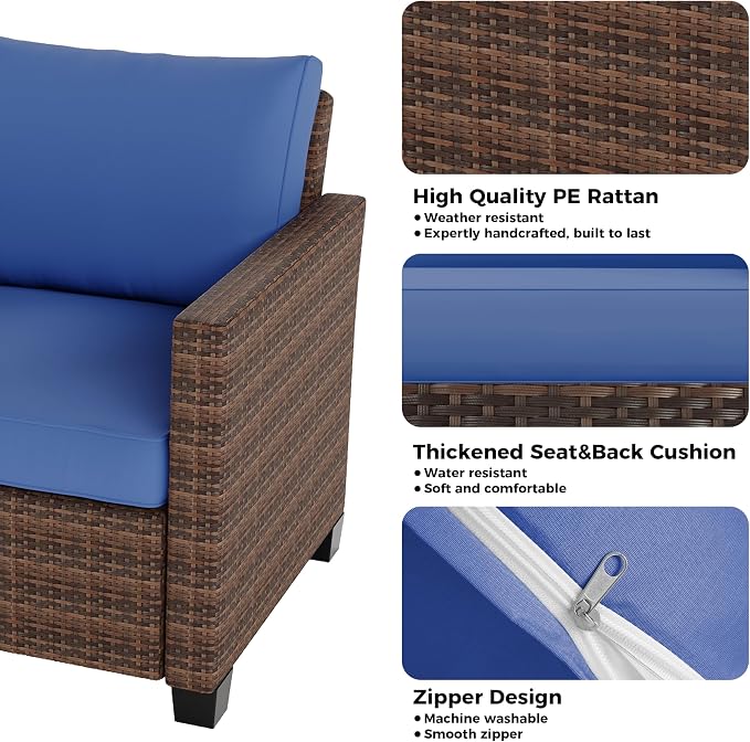 Garvee Outdoor Patio Furniture Set 5 Pieces, PE Rattan Wicker sectional Patio Conversation Set with Waterproof Cusions and Coffee Table, Brown and Blue