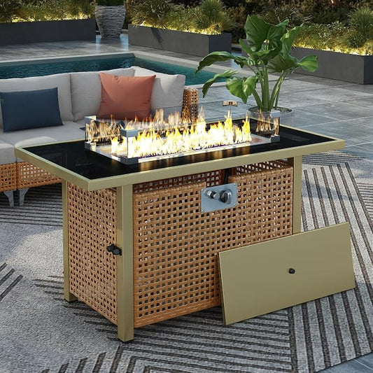 43" Propane Gas Fire Pit Table, 60000 Btu Rectangular Open Weave Wicker Fire Pit with Glass Wind Guard for Outside Patio Deck Garden Backyard - Orange & Mustard Yellow
