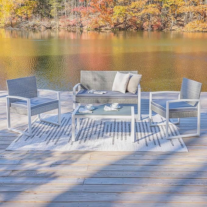 JONATHAN Y LVG1102A-4SET Elina 4-Piece Modern Coastal Faux Wicker Conversation Outdoor Patio Set Mid-Century, Classic, Contemporary, Traditional, Minimalist, White/Gray