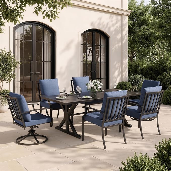 7 Piece Outdoor Dining Set for 6, Metal Patio Table and Chairs with Cushions, Patio Furniture Set with 2 Swivel Chairs, Rectangular Metal Dining Table with Umbrella Hole, Lawn Deck Yard-Navy