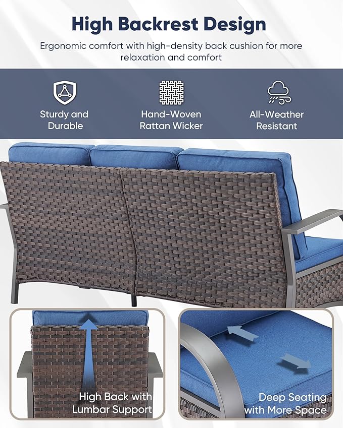 HUMMUH Outdoor Patio Conversation Furniture Sets-Deep Seating Wicker Patio Chairs with Patio Sofa Set Outdoor Patio Furniture for Deck Porch Garden Poolside Backyard-Brown/Blue