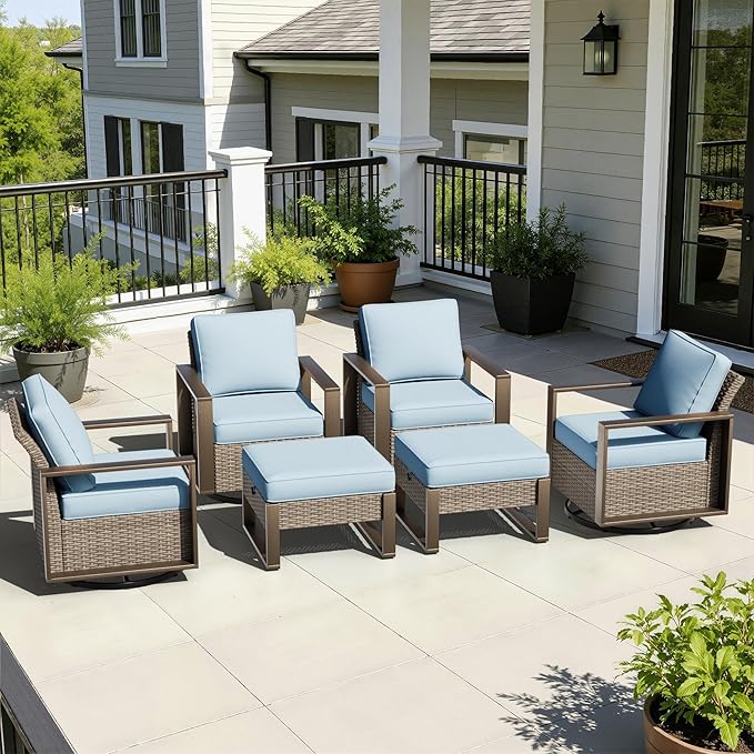 6 Pieces Metal Wicker Patio Furniture Set - Four Swivel Chairs and Two Ottomans, All Weather Rattan Outdoor Conversation Furniture with Washable Cushion for Deck Porch, Baby Blue