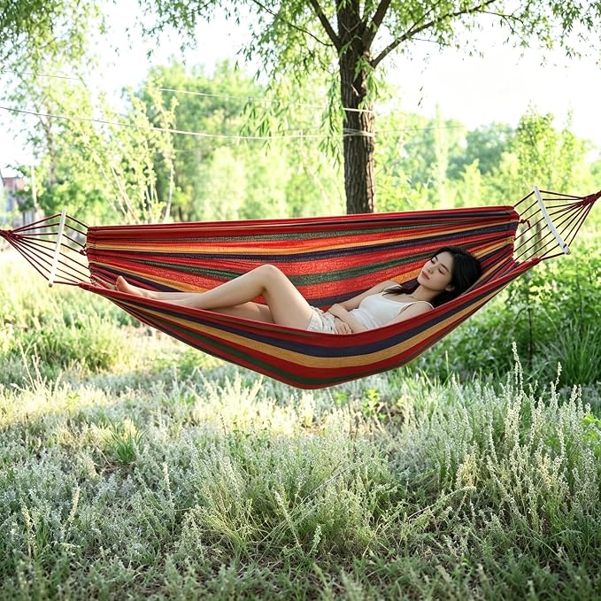 Double Hammock,2 Person Portable Camping Hammock Bed with Anti Roll Balance Beam & Tree Straps,550lbs Capacity for Porch Garden Patio Backyard Indoor Outdoor Red