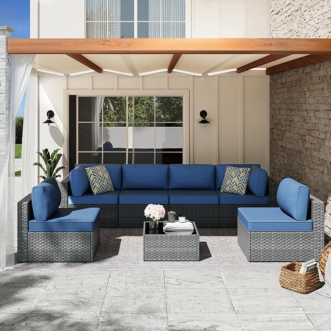 SUNLEI 7 PCS Rattan Patio Furniture Set with Glass Table & Washable Cushions, Conversation Patio Front Porch Furniture Set with Non-Slip and Thickened Cushion (Silver/Dark Blue)