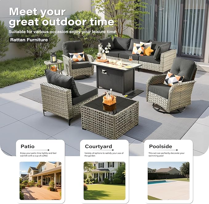9 Pieces Outdoor Sectional Patio Furniture Set with 42" Fire Pit,Conversation Sets Rattan Wicker L Shaped Couch Swivel Rocking Chairs,Modular Outdoor Sofa for Porch Balcony Backyard Black