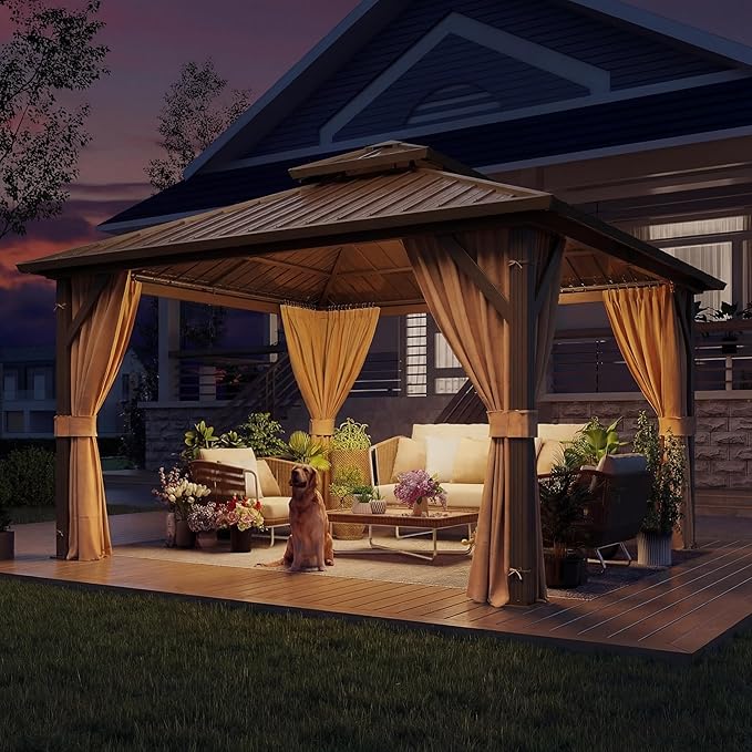 YOLENY 10' x 10' Gazebo Hardtop with Aluminum Frame,Galvanized Steel Double Roof Gazebos with Curtain and Netting,Outdoor Metal Pergolas for Garden, Lawn, Deck, Brown