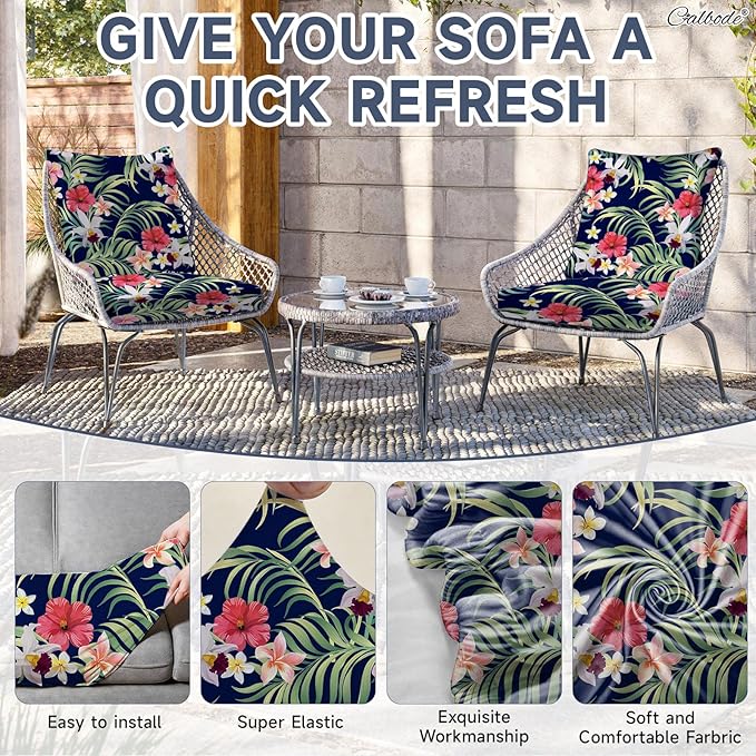 CALBODE 12 Pcs Stretch Outdoor Seat Cushion Covers, Washable Chair Seat Cover for Patio Furniture Cushions Soft Indoor and Outdoor Couch Cover Replacement (Tropical Floral,Black, Cover Only)
