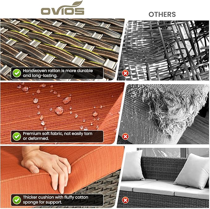 ovios 9-Piece Patio Furniture Set with Swivel Chairs Coffee Table, Outdoor Wicker Sofa with Comfy Cushions, High Back Couch Modern Conversation Sets, Brown/Orange Red