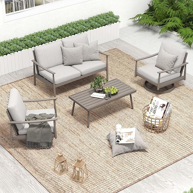 HAPPATIO Patio Outdoor Furniture Set - 4 Piece Aluminum Patio Conversation Set with 1 Coffee Table, 2 Swivel Chairs and 1 Loveseat, Aluminum Outdoor Furniture Set for Backyard Deck Poolside (Grey)