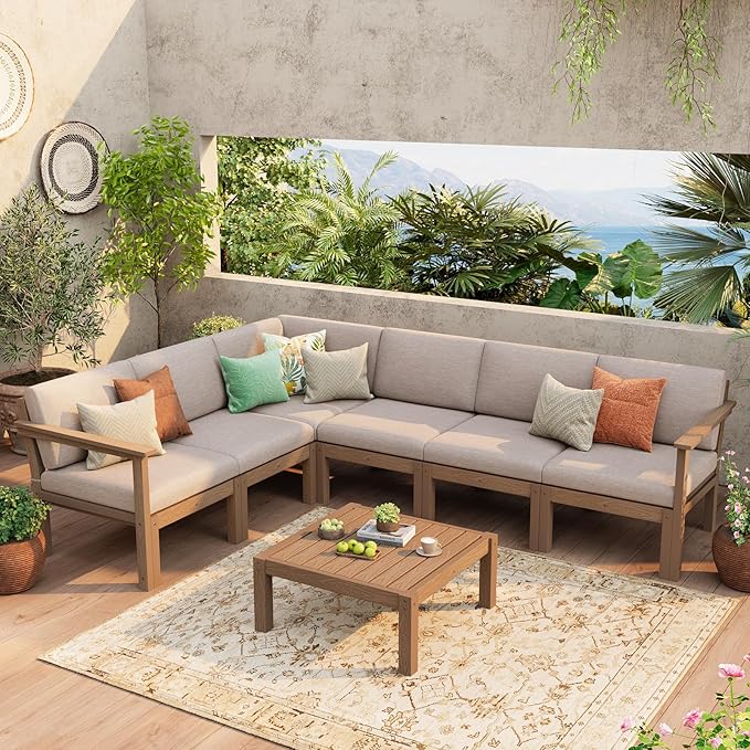Stoog Modular Patio Furniture Set, 8-Piece All-Weather Convertible L-Shape Outdoor Sectional - Waterproof HIPS Frame with Quick-Dry Olefin Cushions, Teak