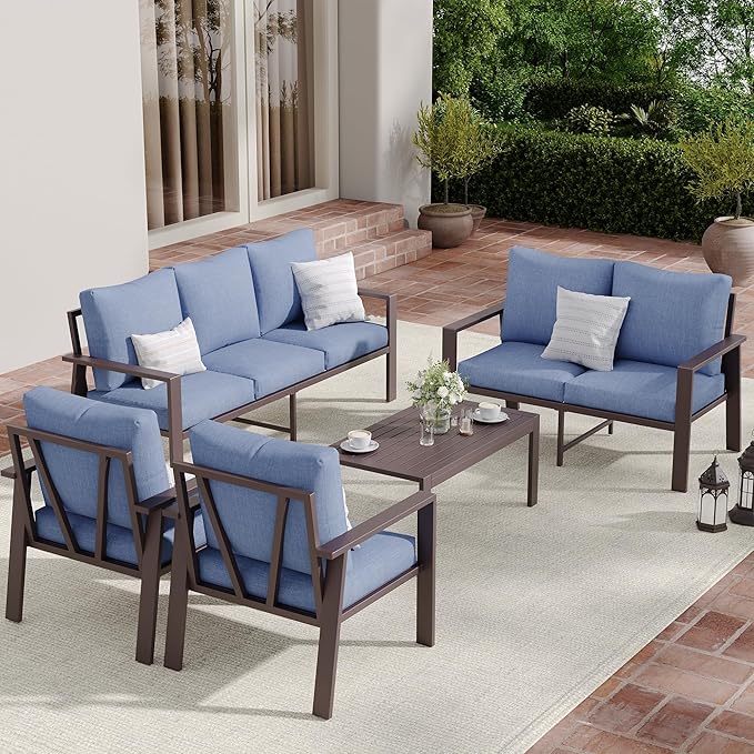Aluminum Patio Conversation Set All-Weather Outdoor Furniture 5-Piece Sectional Sofa with 4" Cushions, Modular Patio Set for Porch Poolside Deck Yard