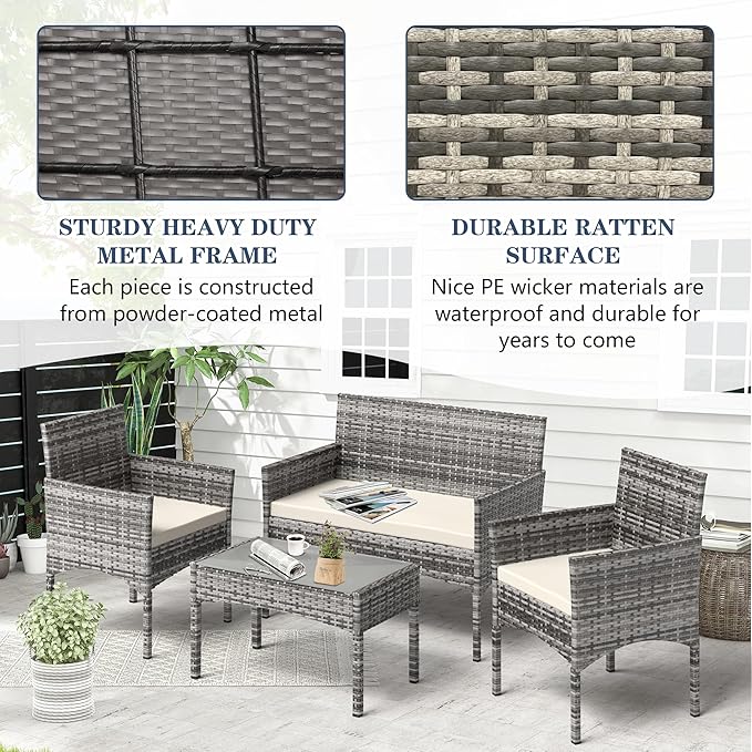 4 Pieces Patio Furniture Set, Outdoor Wicker Rattan Patio Conversation Furniture Set with Waterproof Cushion and Table for Lawn Poolside Backyard Garden Balcony Porch