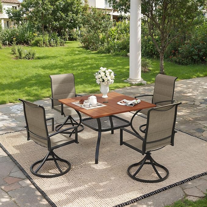 VICLLAX 5 Pieces Outdoor Dining Set, Patio Furniture Set Includes 38" Square Metal Table W/ 1.9" Umbrella Hole and 4 Padded Textilene Swivel Chairs for Porch, Lawn, Garden, Backyard
