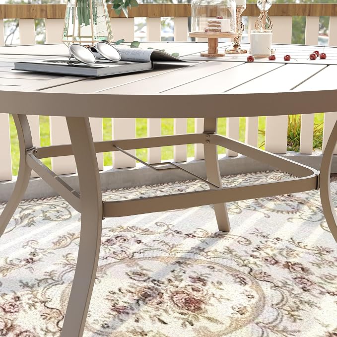 VICLLAX 50" Outdoor Round Patio Table with Umbrella Hole, All Weather Metal Round Outdoor Dining Table for Lawn Garden, 6-8 Person Table, Sandshell